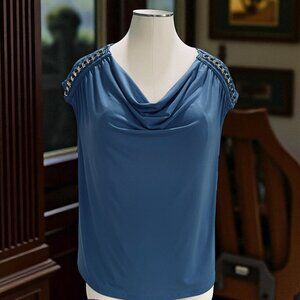 INC Blue Cowl Neck Cap Sleeve Top Plus SZ 3X Gold Chain Shoulder Embellished NWT